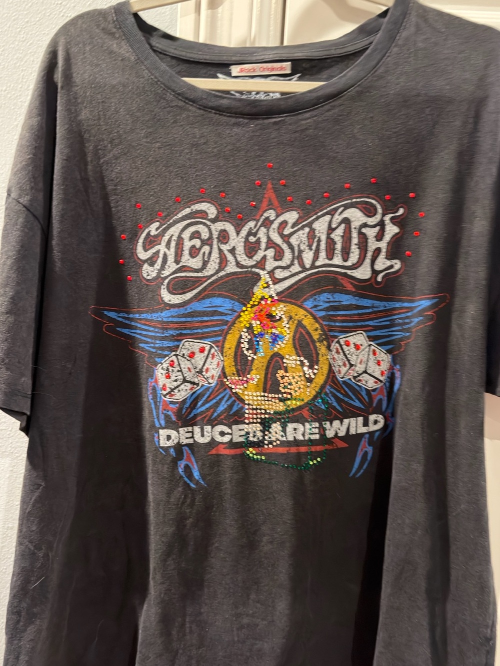 Custom Aerosmith 'Deuces Are Wild' Black Tee with RAD crystal detail. XXL
